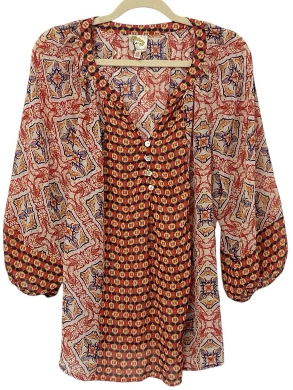 FIG & FLOWER Geometric Semi Sheer TOP Sz XL Puff Sleeve Gypsy Boho Anthropologie